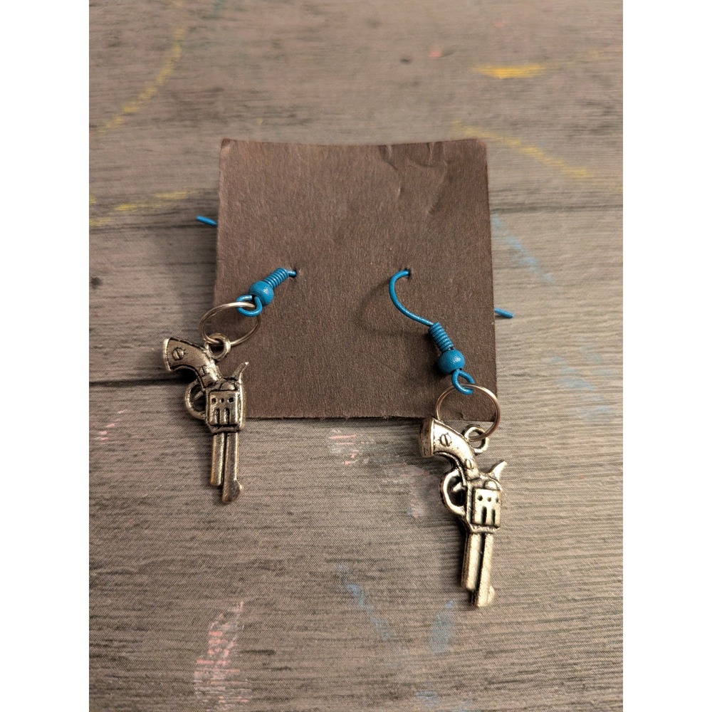 Silver Tone Revolver Pistol Dangle Earrings Blue Hook Western Cowgirl Jewelry